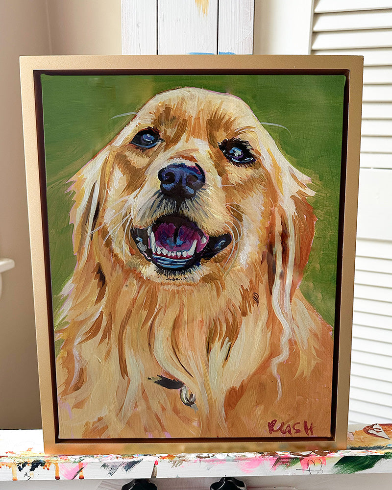Custom Acrylic Painting on Canvas Pet Portrait – Framed in Gold Floater Frame